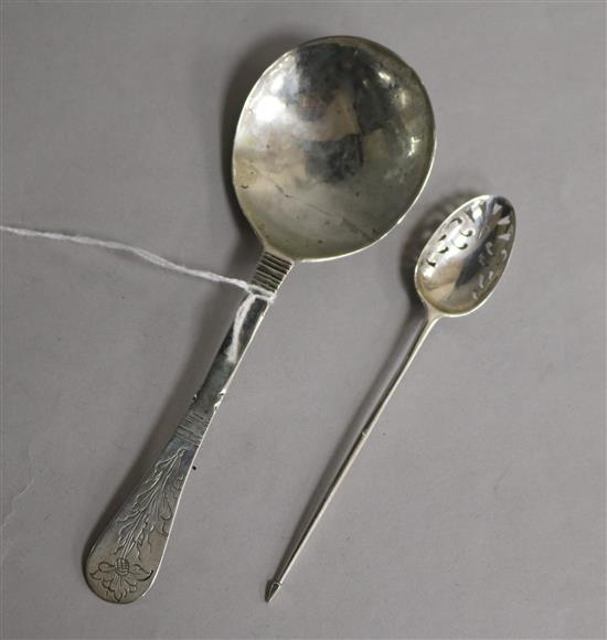 A late 17th century silver spoon and a Georgian mote spoon,